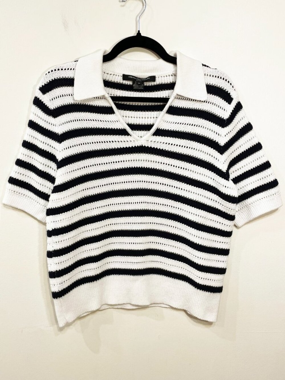 EUC French Connection 100% Cotton Crochet Stripe Polo Sweater Top White Medium